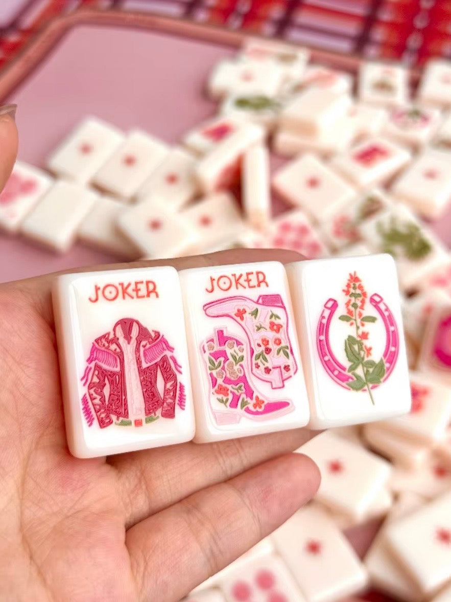 White and pink Cowgirl western, joker Mahjong tiles set and mat