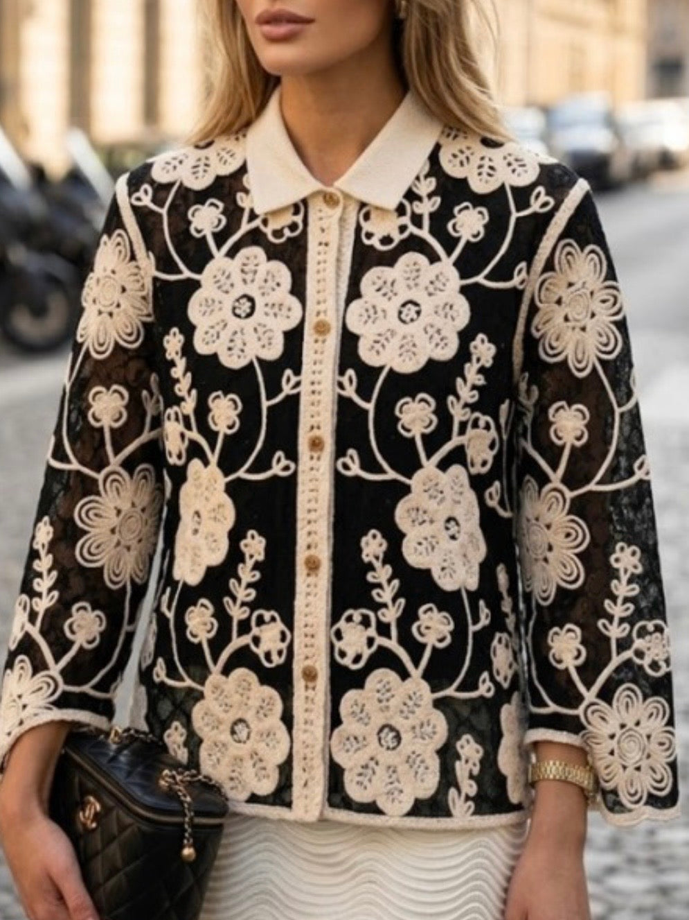 Black and beige floral 3/4 long sleeves shirt