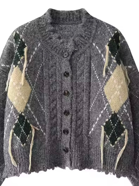 Dark Gray cardigan diamond knitted sweater