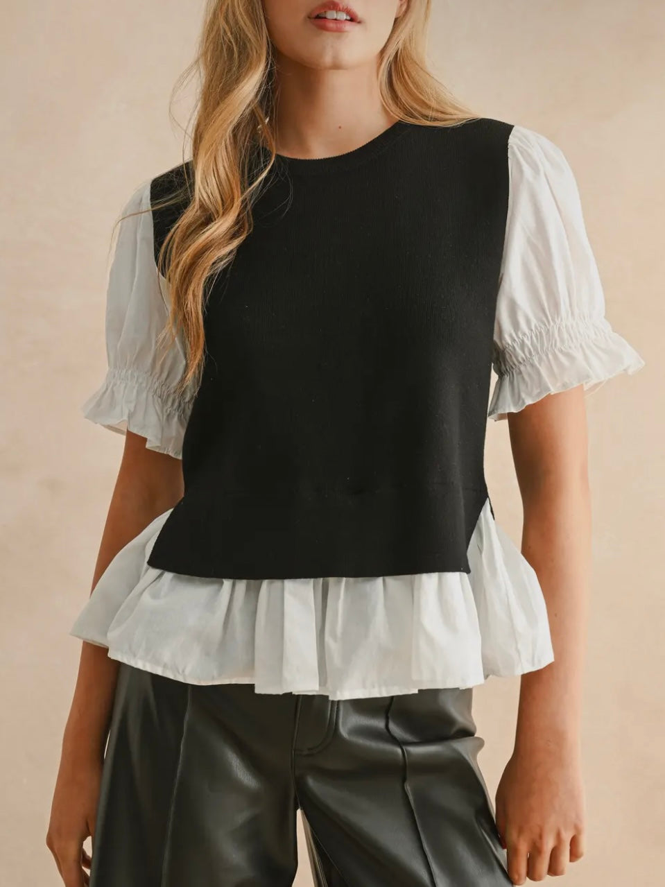 Black sweater combo white shirt and navy blue pullover two layers embroidered texture top (Copy)