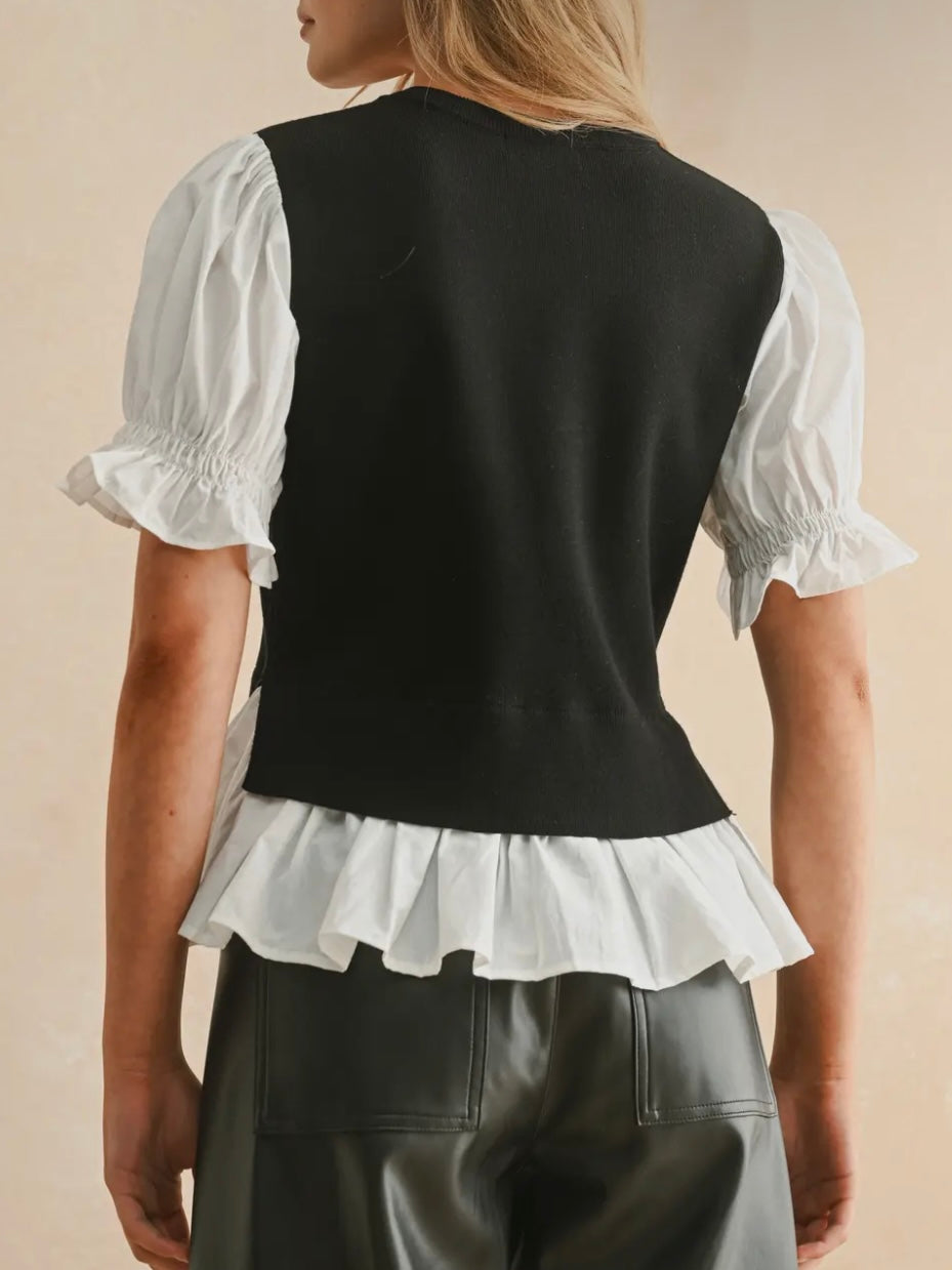 Black sweater combo white shirt and navy blue pullover two layers embroidered texture top (Copy)