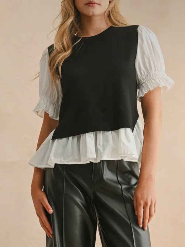 Black sweater combo white shirt and navy blue pullover two layers embroidered texture top (Copy)