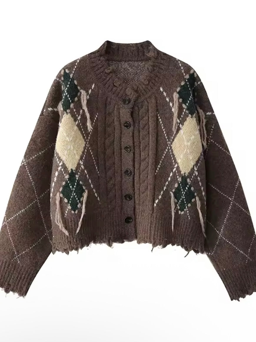 Dark Gray cardigan diamond knitted sweater