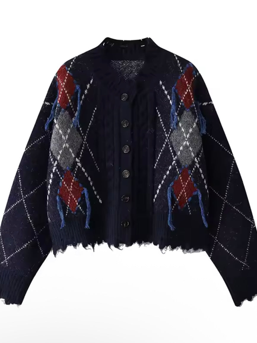 Dark Gray cardigan diamond knitted sweater