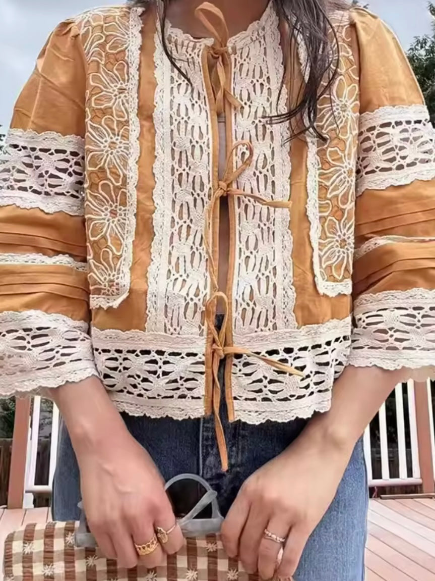 Beige and yellow floral embroidered wide sleeves shirt