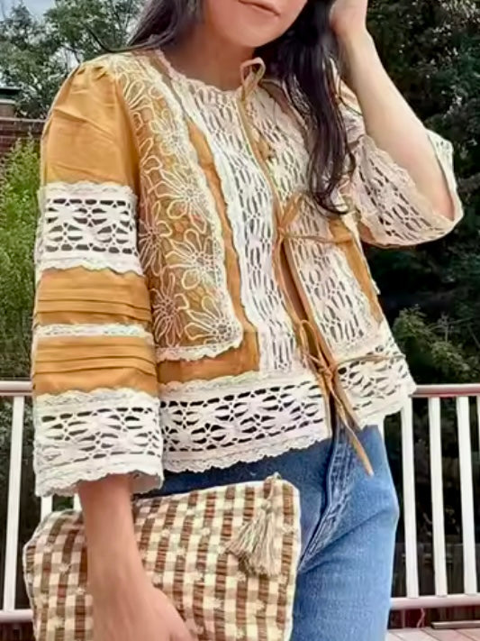 Beige and yellow floral embroidered wide sleeves shirt