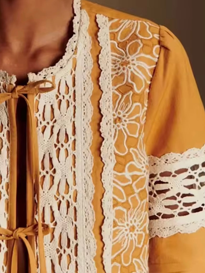 Beige and yellow floral embroidered wide sleeves shirt