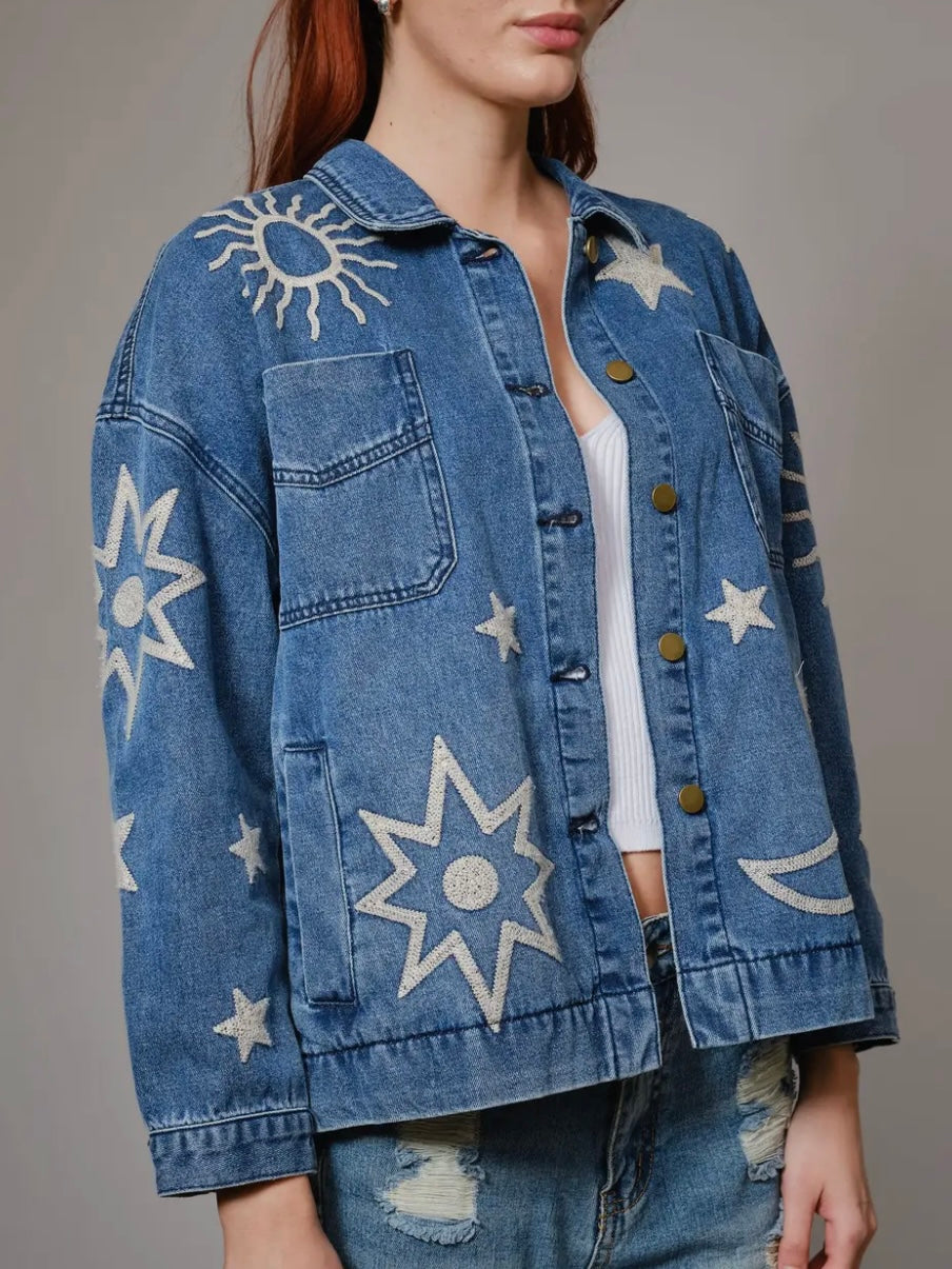 Blue jeans jacket stars moon and sun print