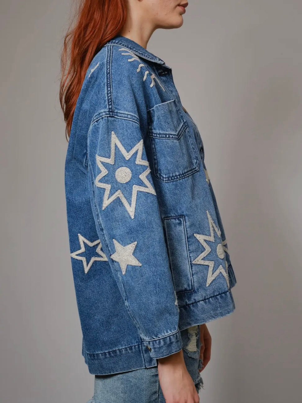 Blue jeans jacket stars moon and sun print