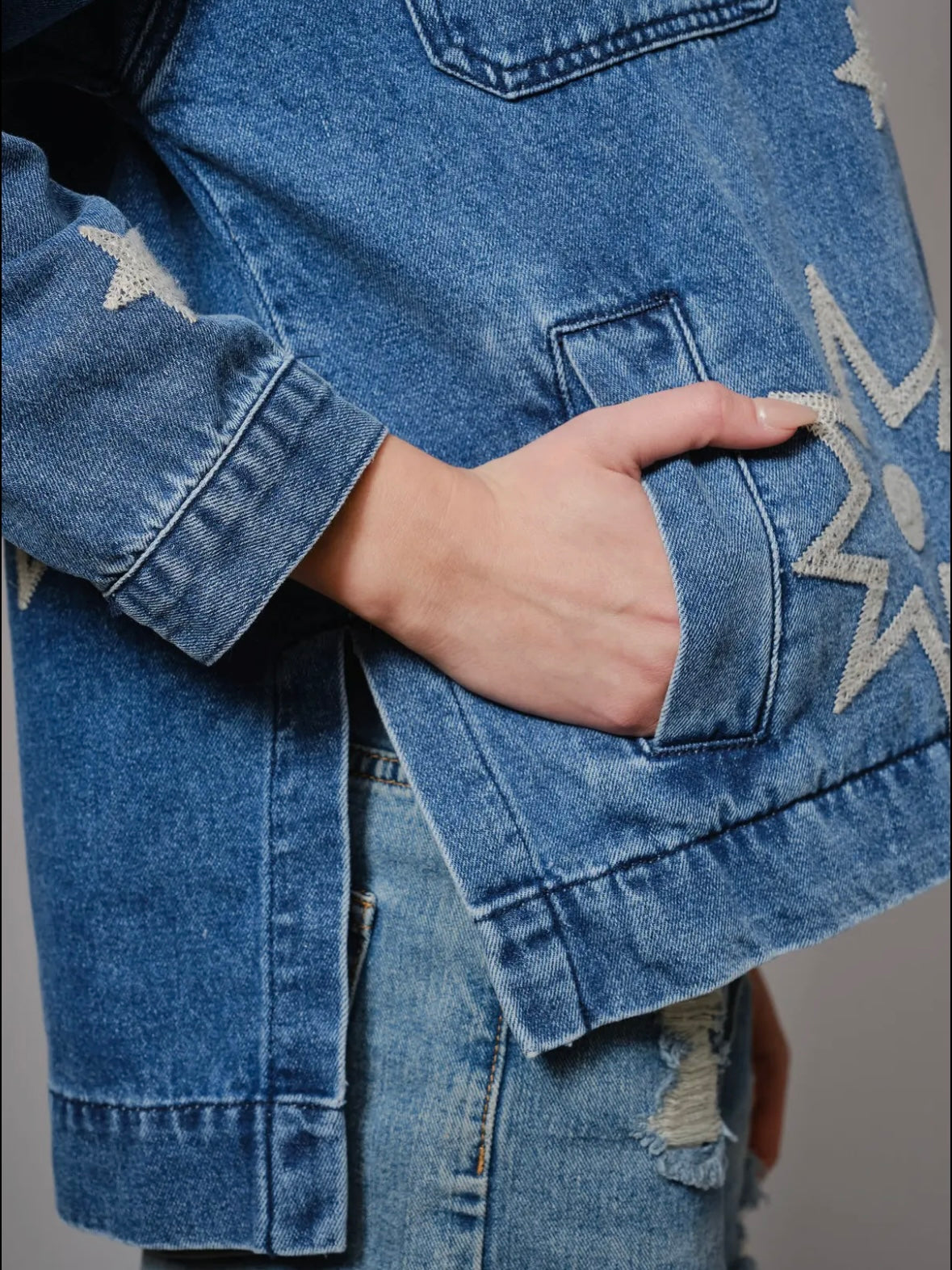 Blue jeans jacket stars moon and sun print
