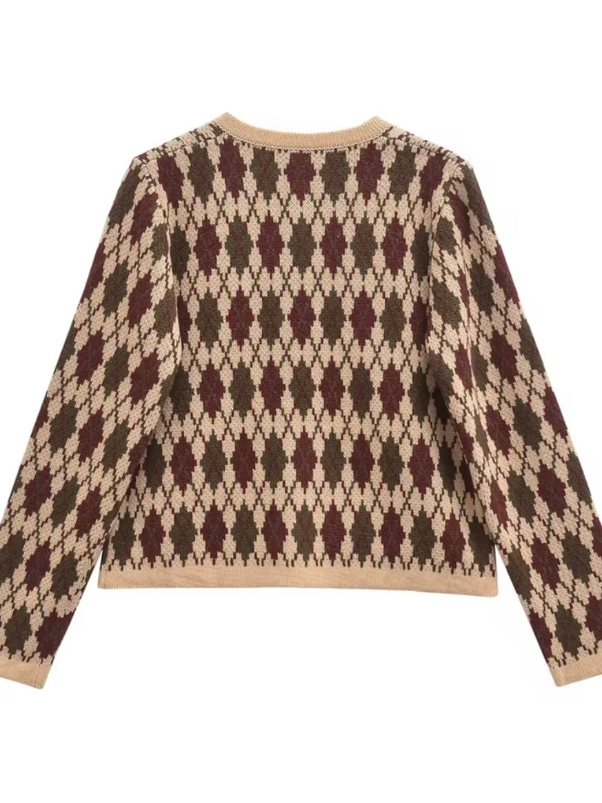 Beige and red cardigan knitted diamond pattern sweater