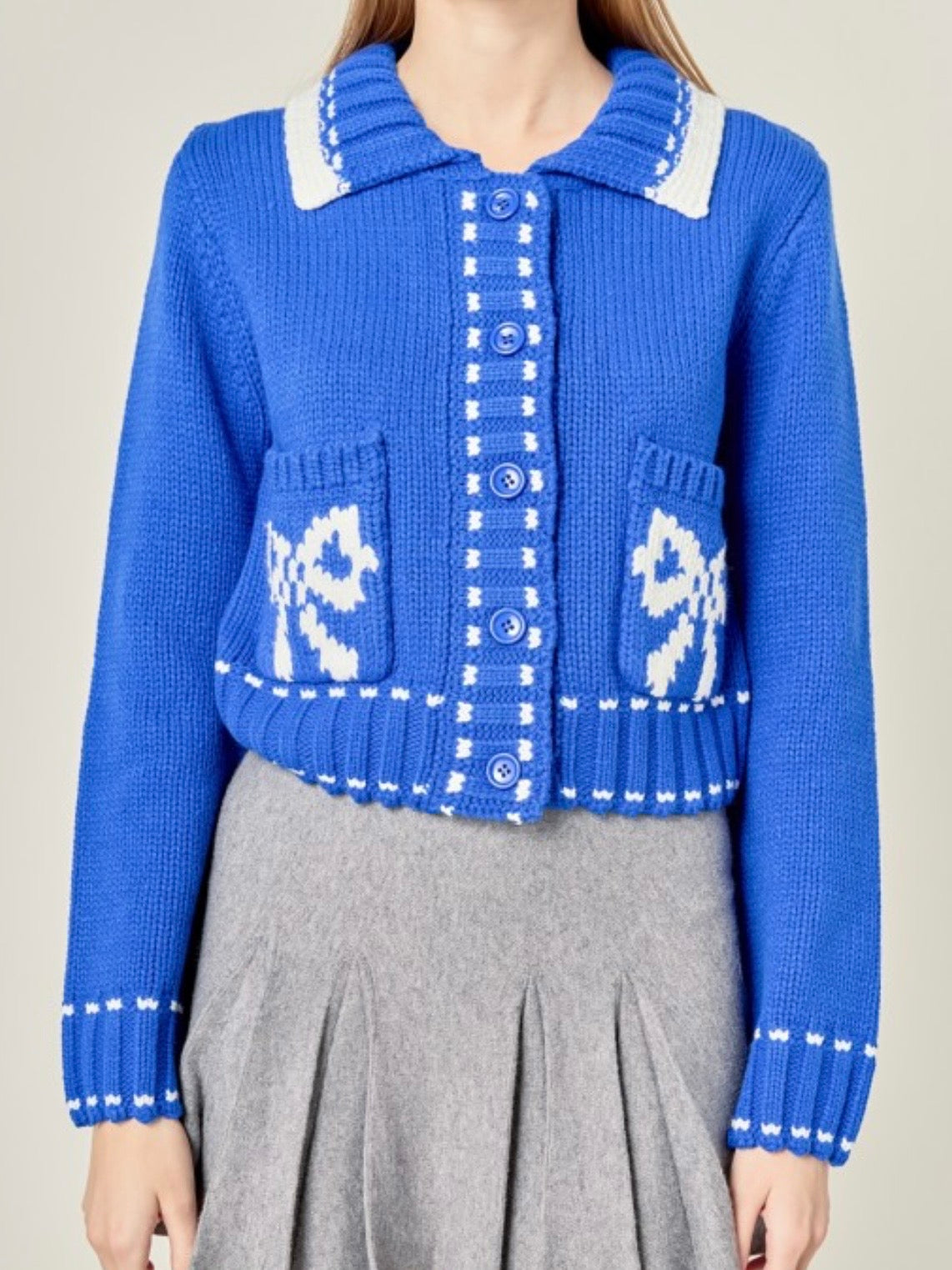 Blue and white crop length Cardigan knitted sweater