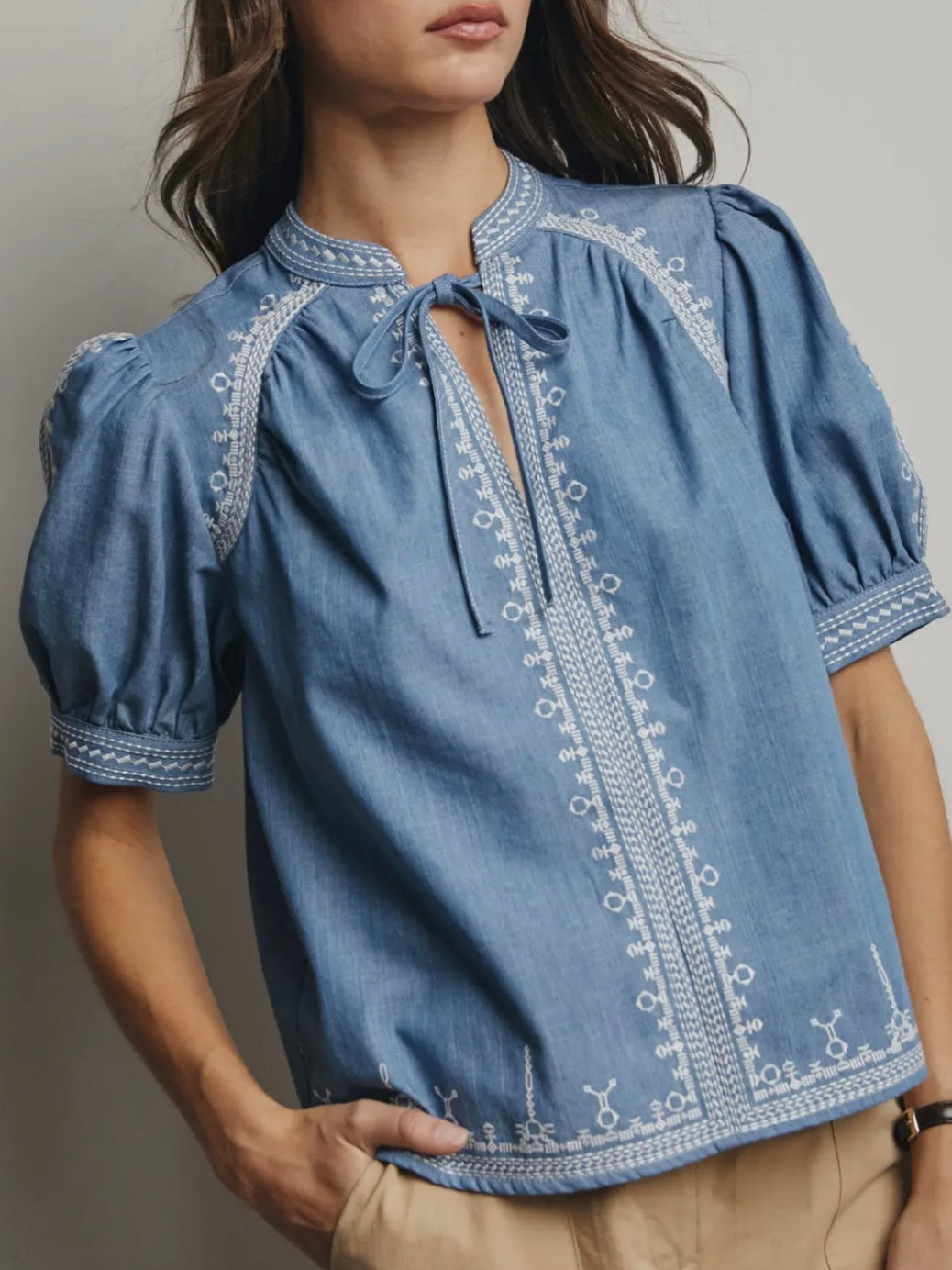 Denim Embroidered Blouse With Bead Detail