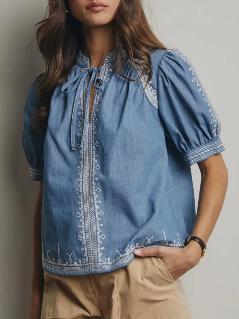 Denim Embroidered Blouse With Bead Detail