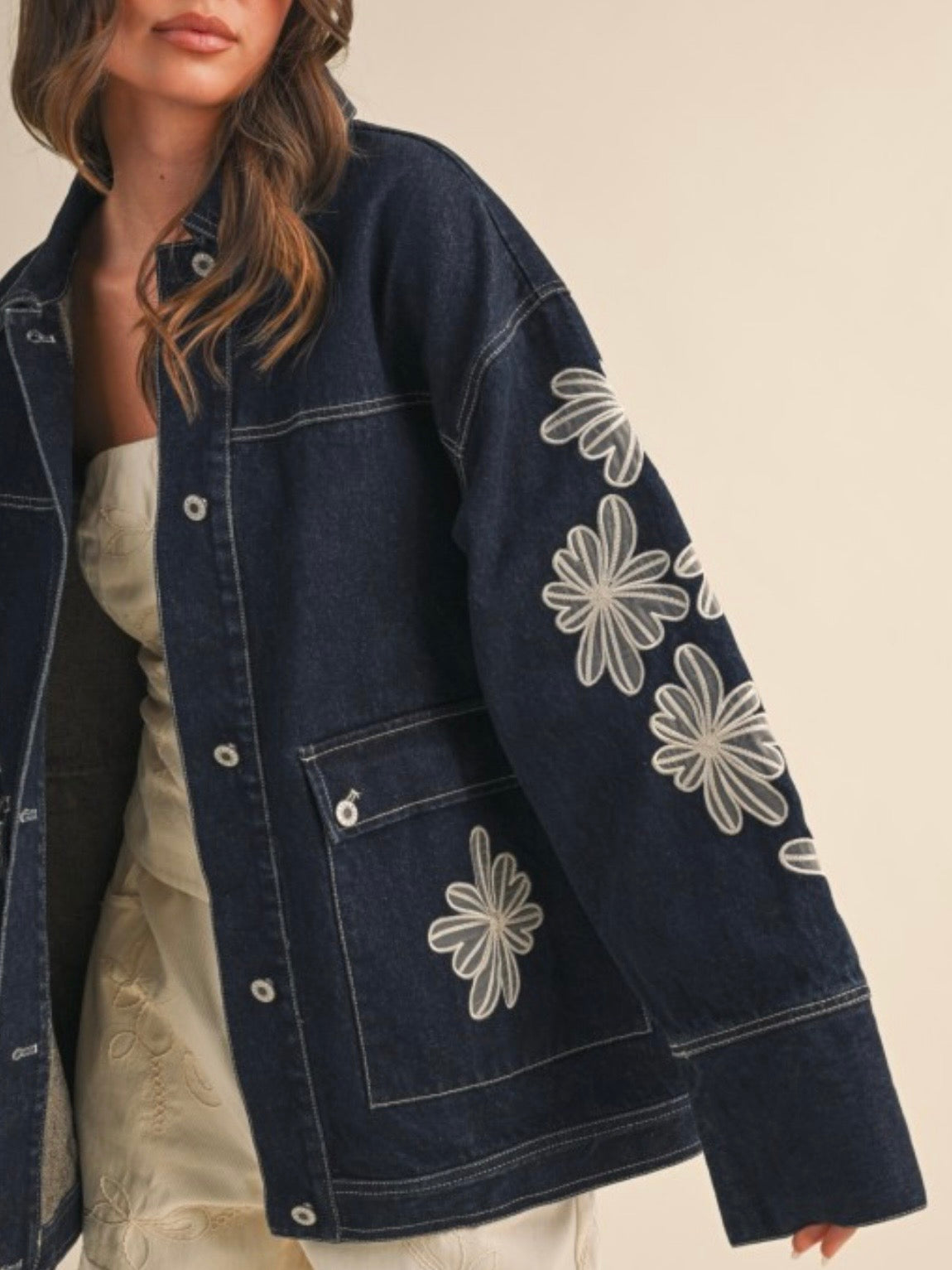 Blue jeans jacket floral embroidered details