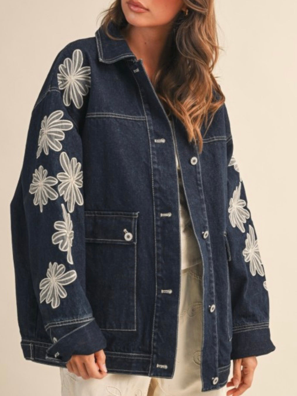 Blue jeans jacket floral embroidered details