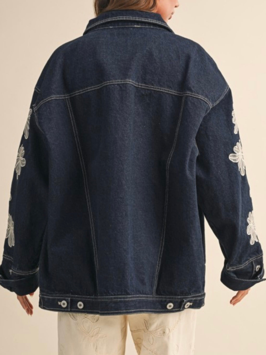 Blue jeans jacket floral embroidered details