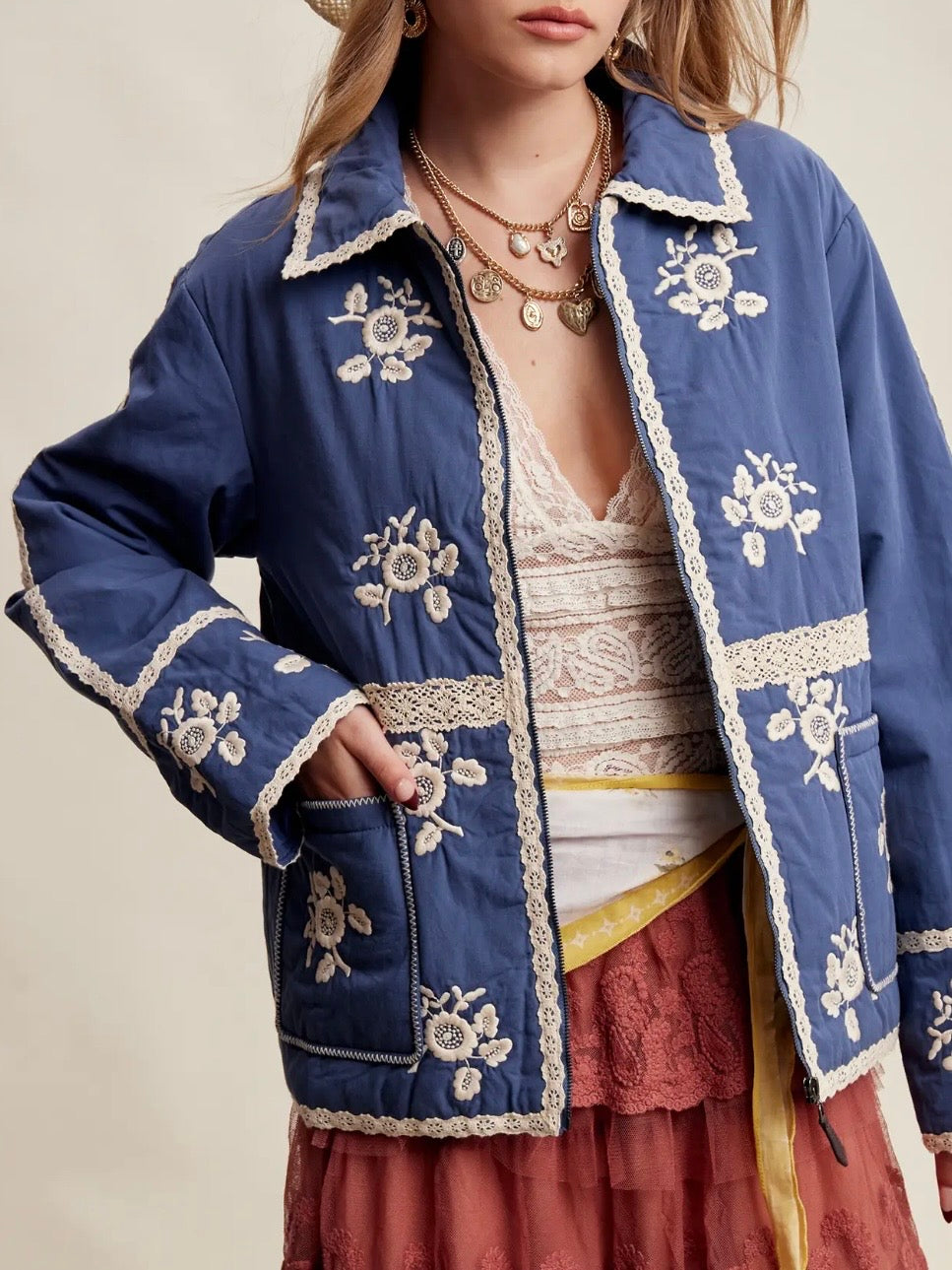 Light Blue jeans quilted jacket white floral embroidered details