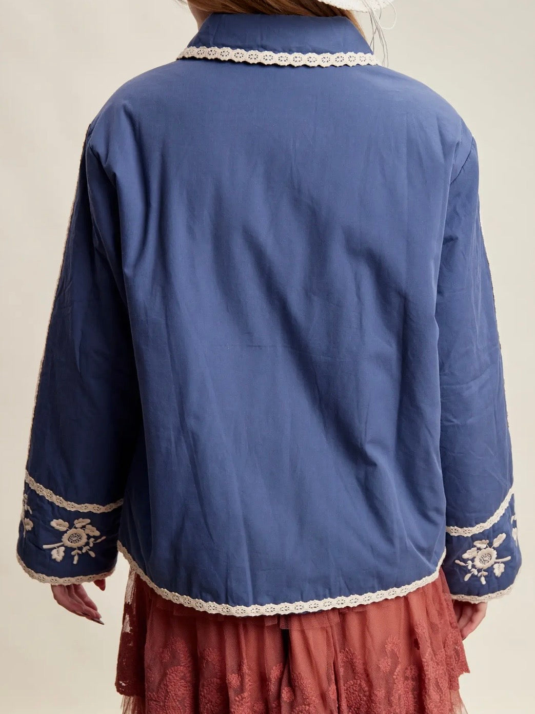 Light Blue jeans quilted jacket white floral embroidered details