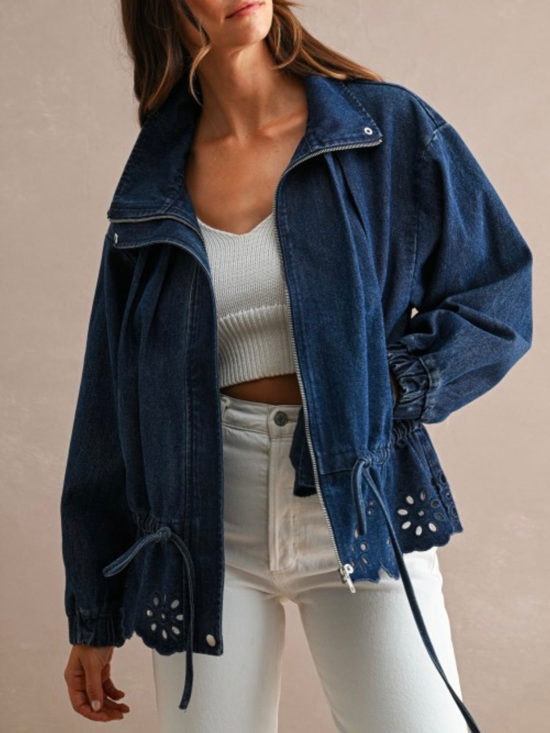 Blue jeans eyelet embroidered trim cutout details jacket