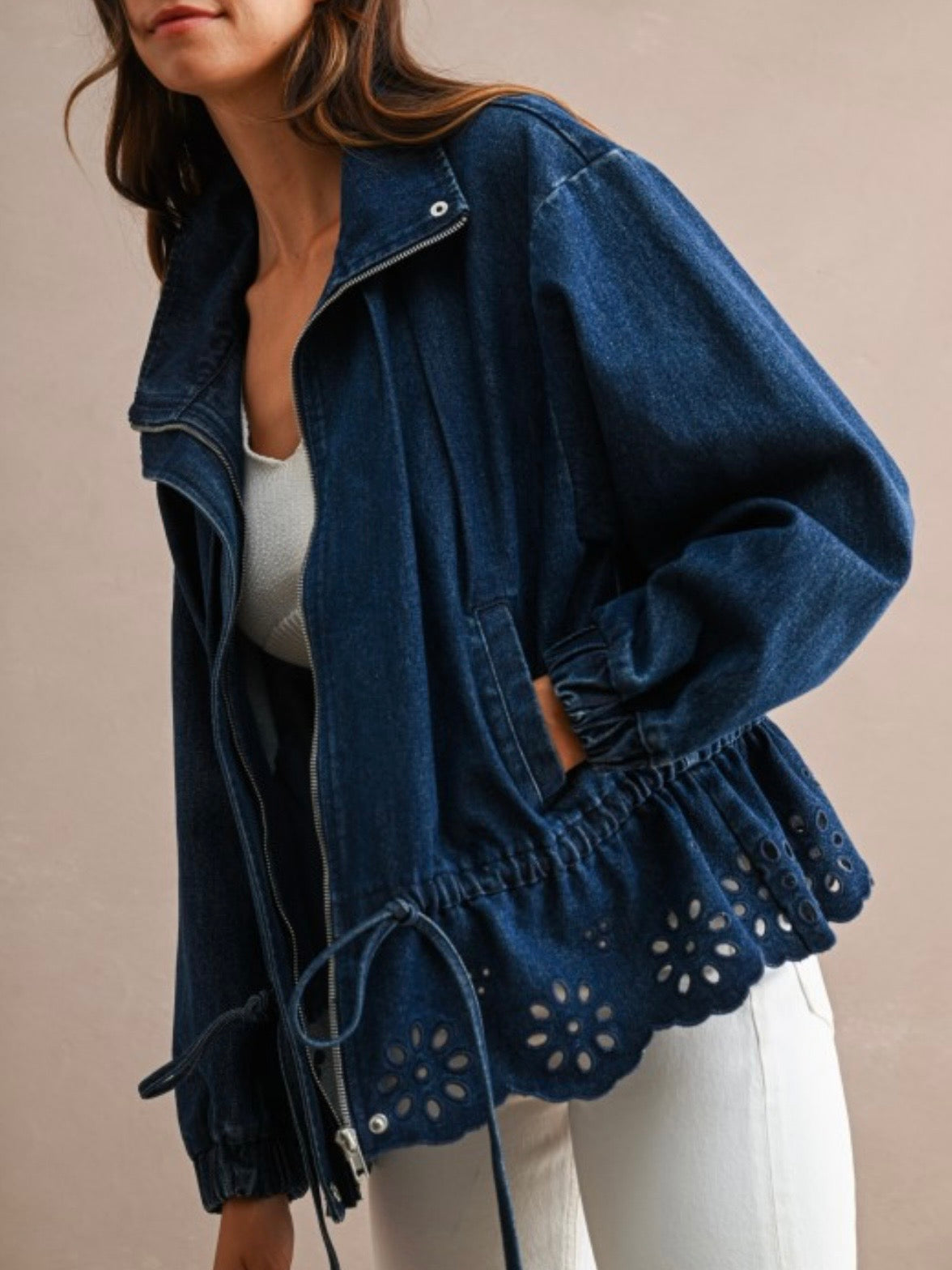 Blue jeans eyelet embroidered trim cutout details jacket