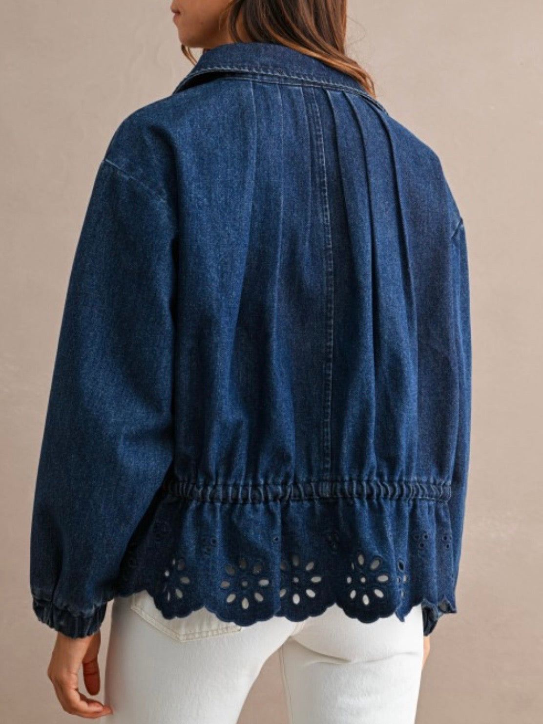 Blue jeans eyelet embroidered trim cutout details jacket