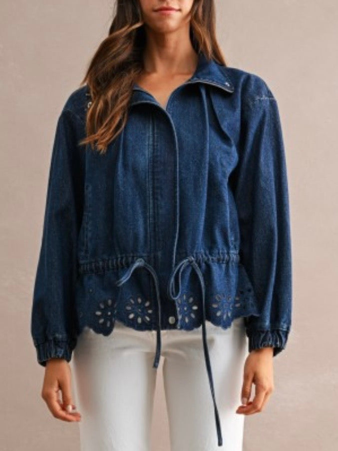 Blue jeans eyelet embroidered trim cutout details jacket