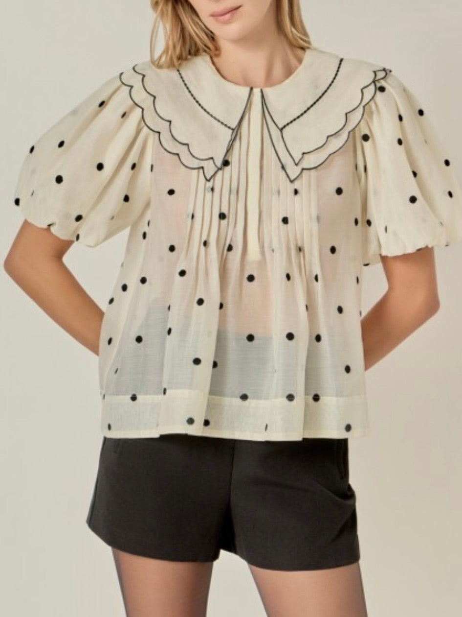 Beige polka dot short bubble sleeves shirt top