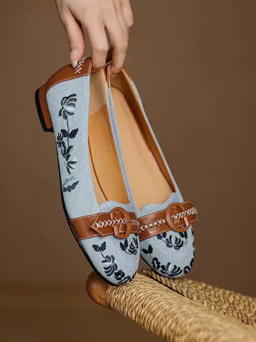 Blue floral slip on loafers moccasins shoes