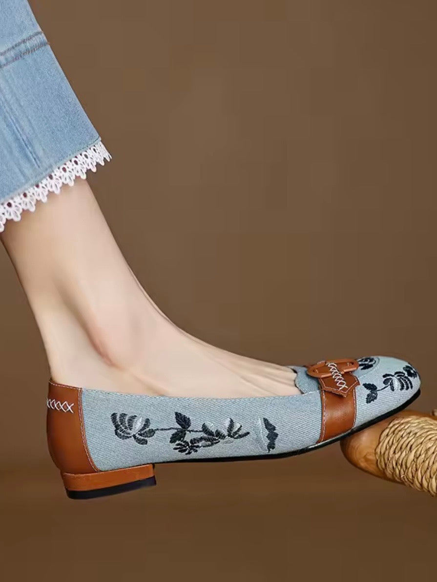 Blue floral slip on loafers moccasins shoes