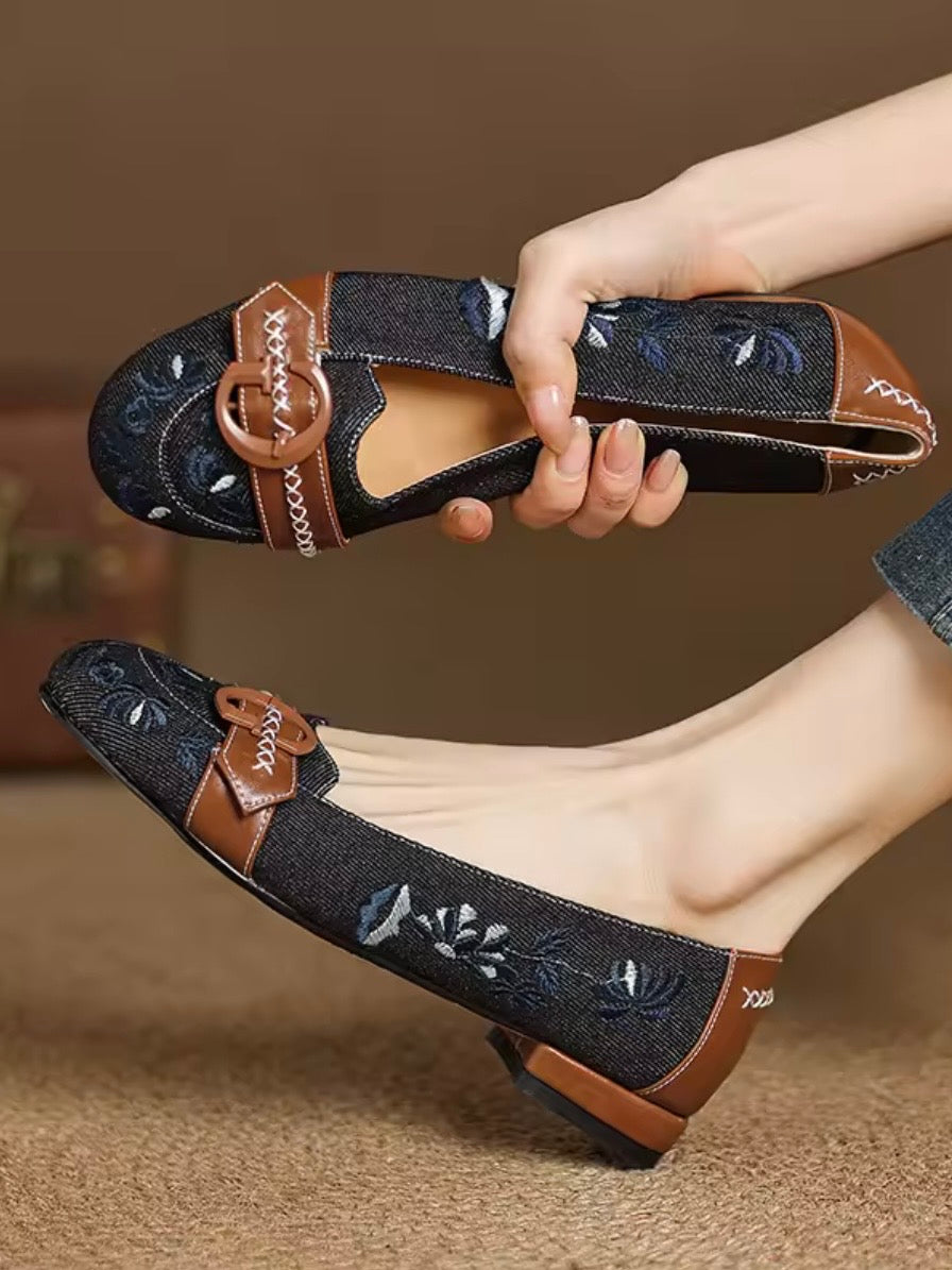 Blue floral slip on loafers moccasins shoes