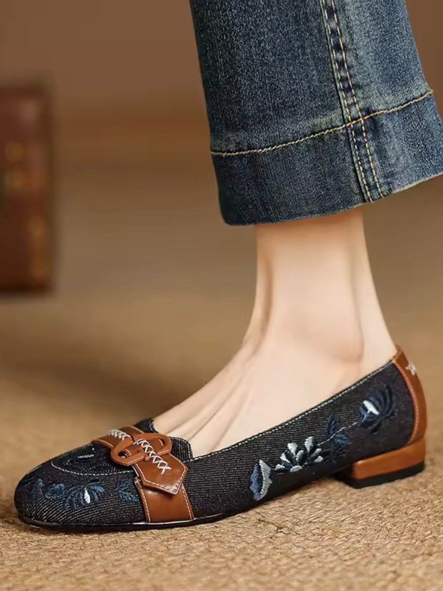 Blue floral slip on loafers moccasins shoes