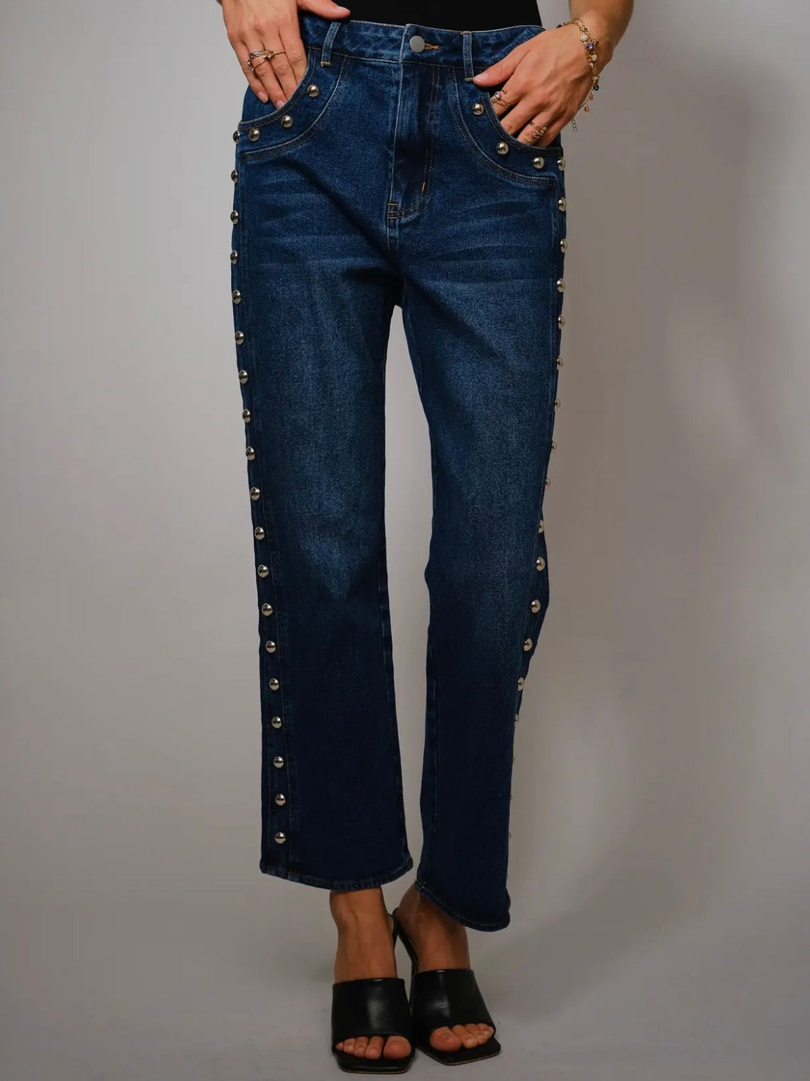 Blue straight jeans pants studded details