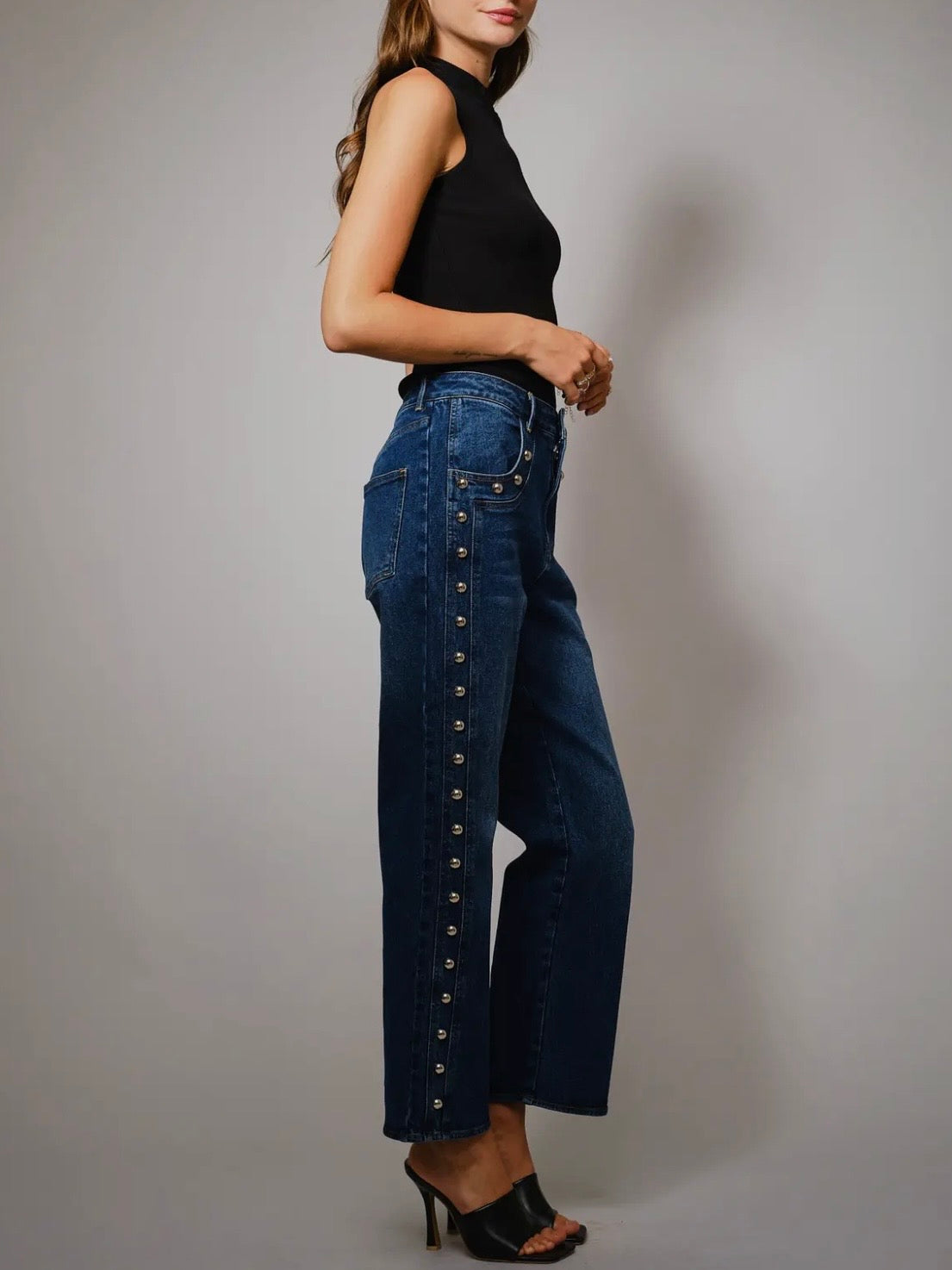 Blue straight jeans pants studded details