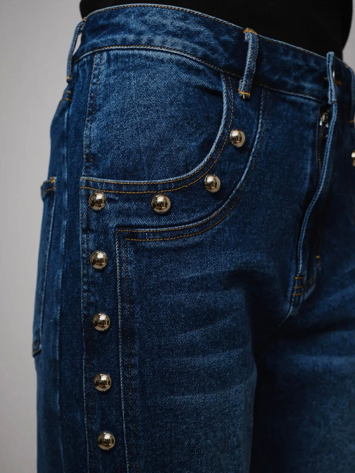 Blue straight jeans pants studded details