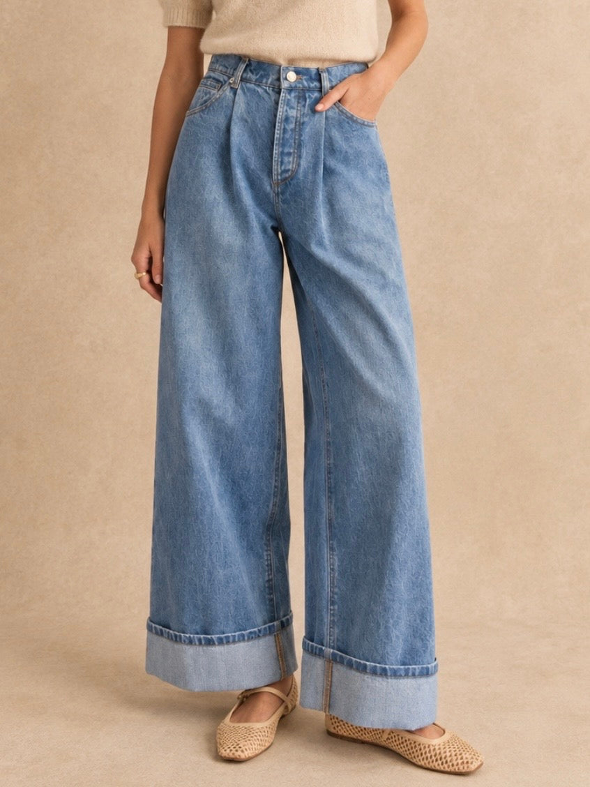 Cuffed Blue jeans barrel wide leg pants