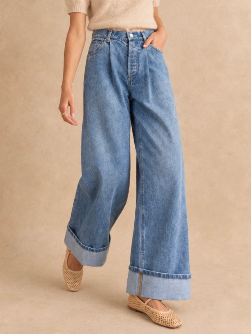 Cuffed Blue jeans barrel wide leg pants