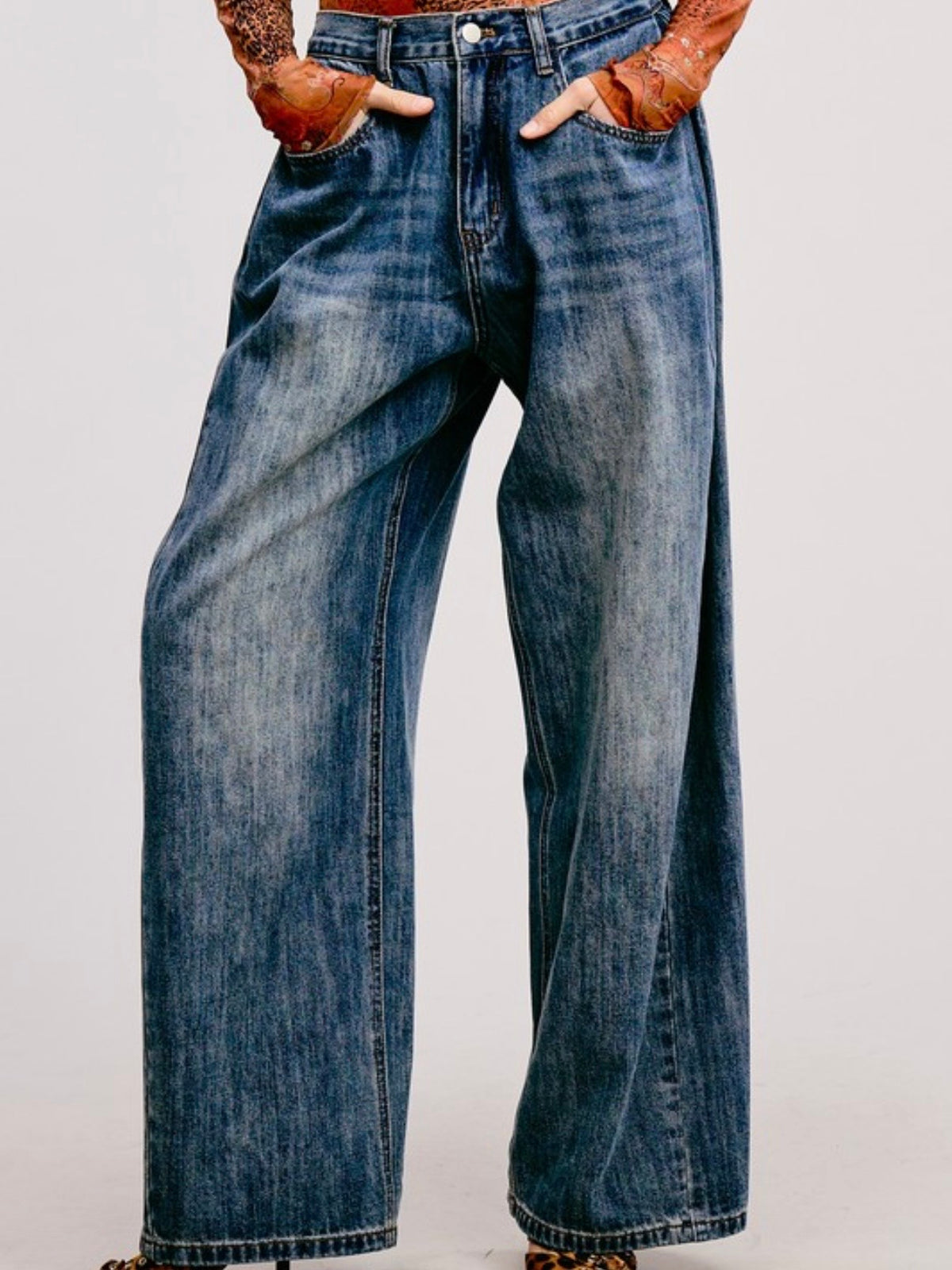 Dark Blue stonewash jeans wide leg barrel pants