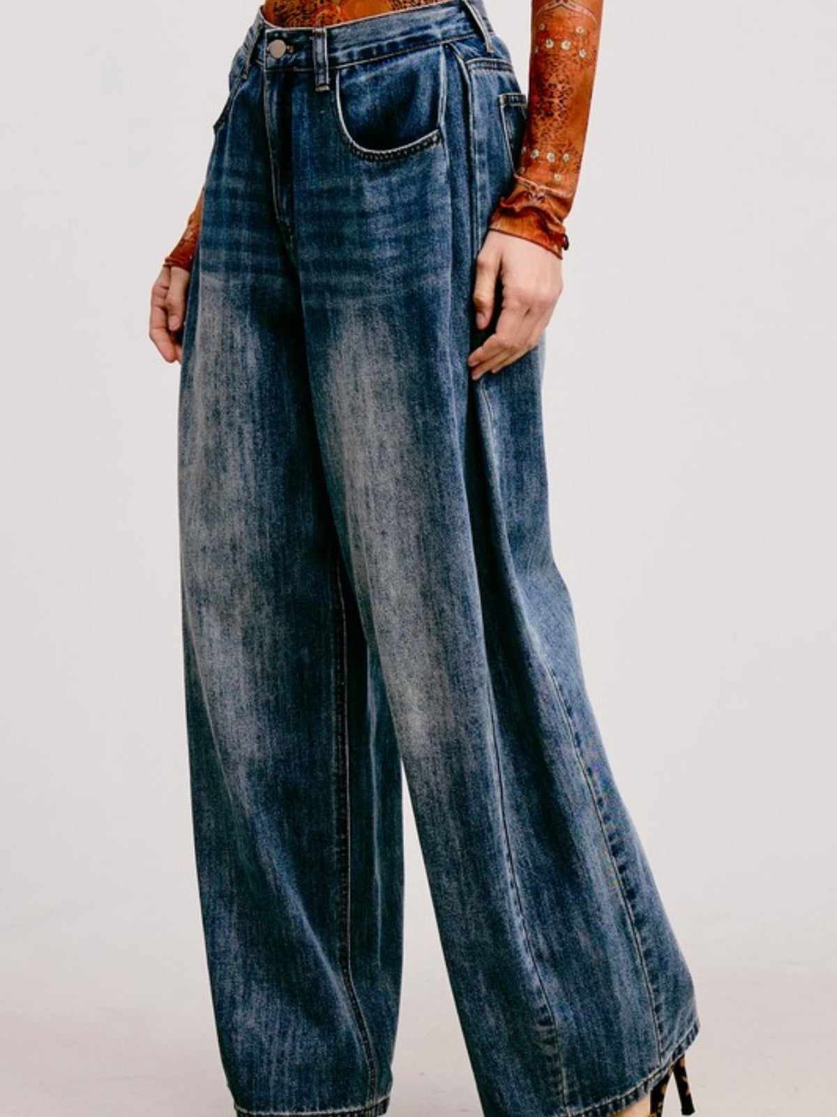 Dark Blue stonewash jeans wide leg barrel pants