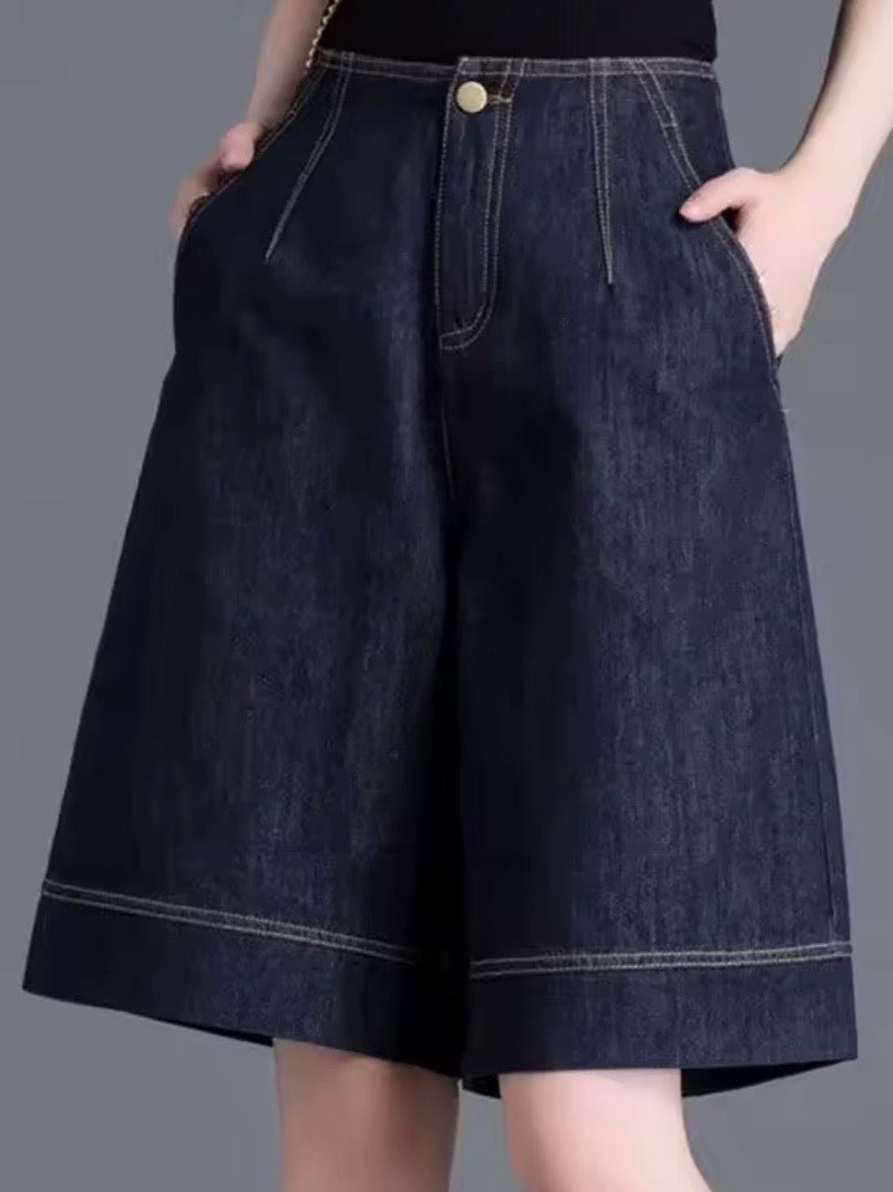 Dark blue plated Bermudas jeans long shorts pants