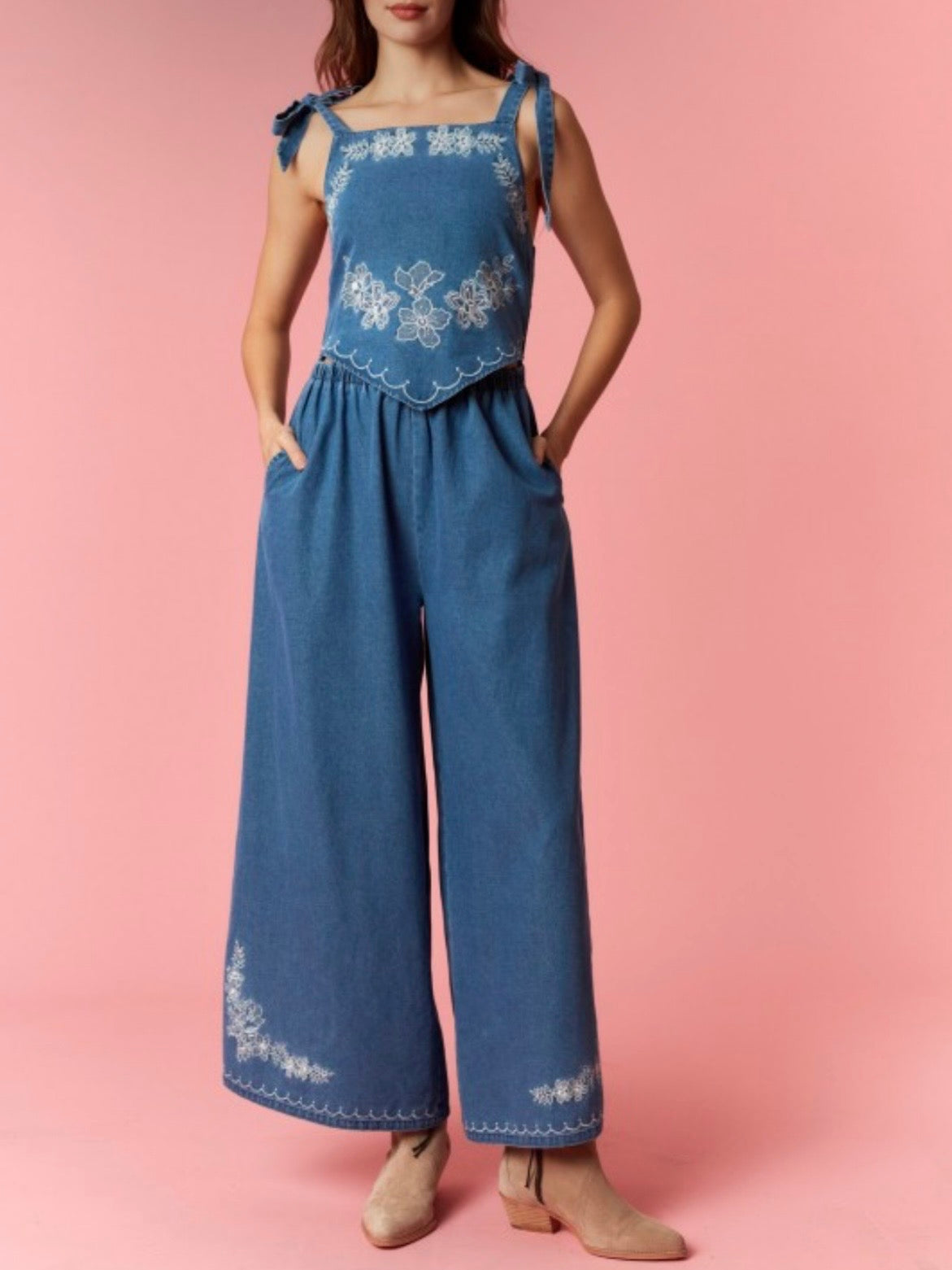 Blue denim sleeveless floral embroidered jumper