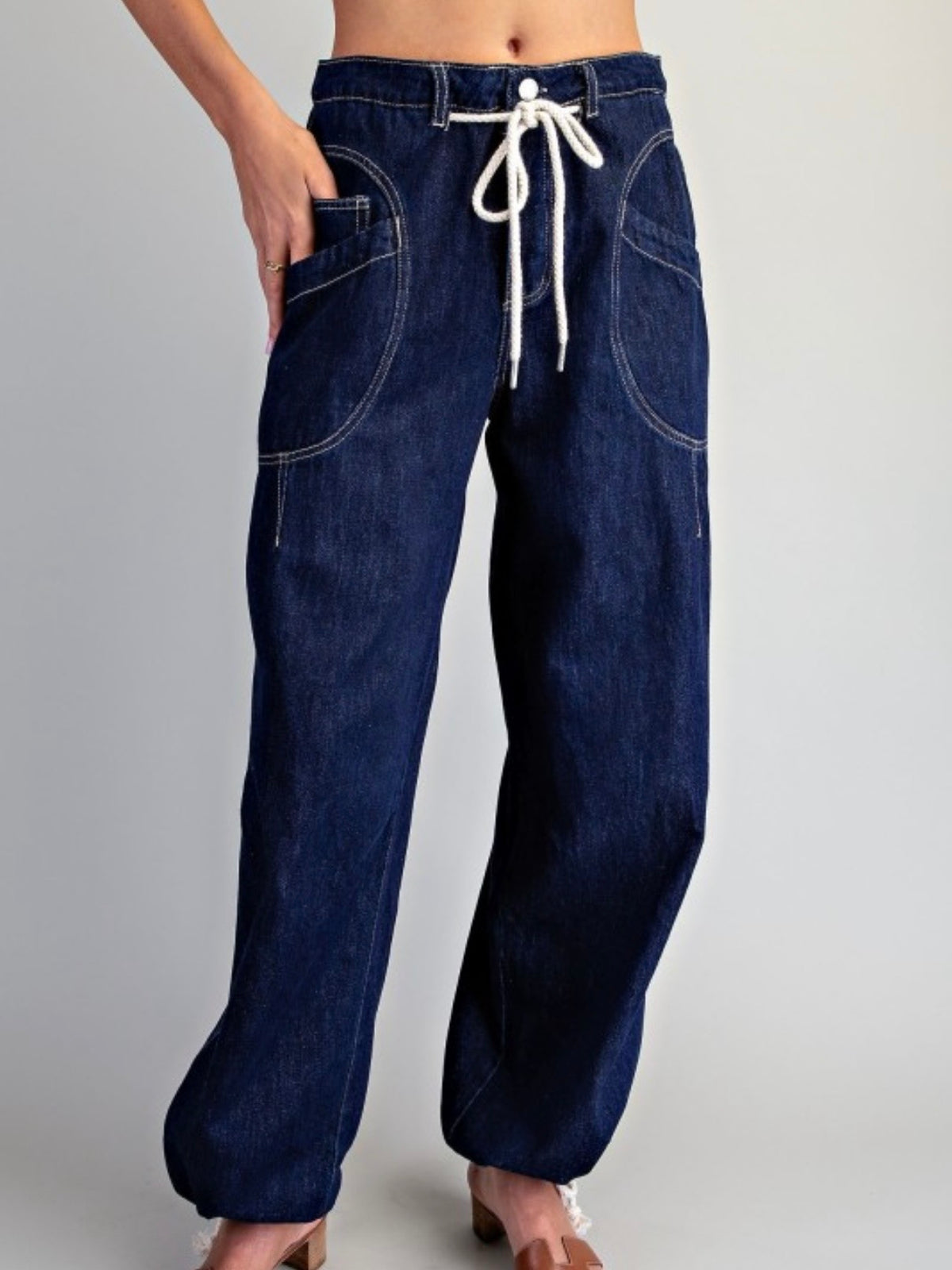 Dark Blue drawstring jeans balloon leg pants