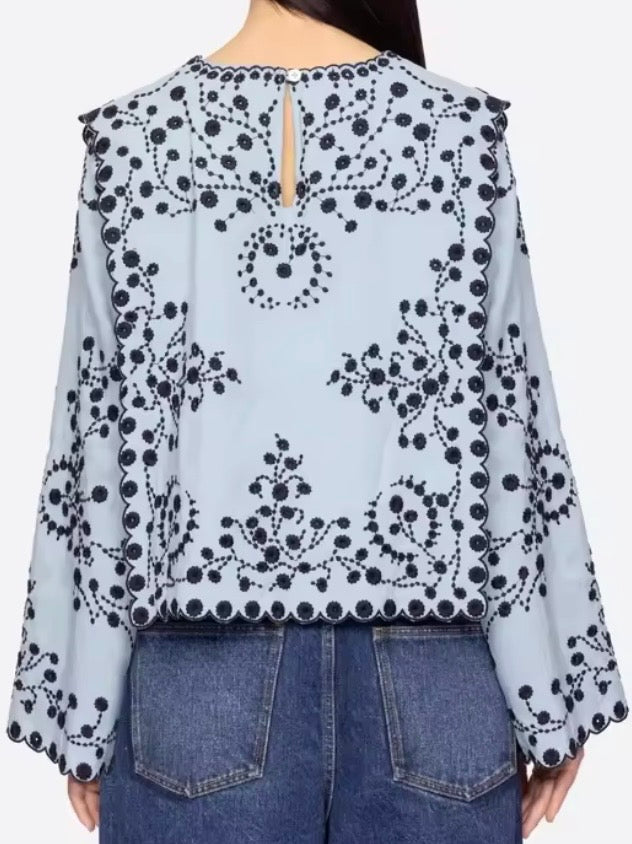 Light blue floral embroidered wide sleeves shirt