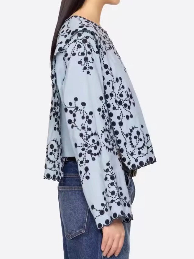 Light blue floral embroidered wide sleeves shirt