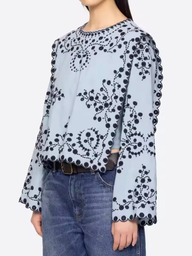 Light blue floral embroidered wide sleeves shirt