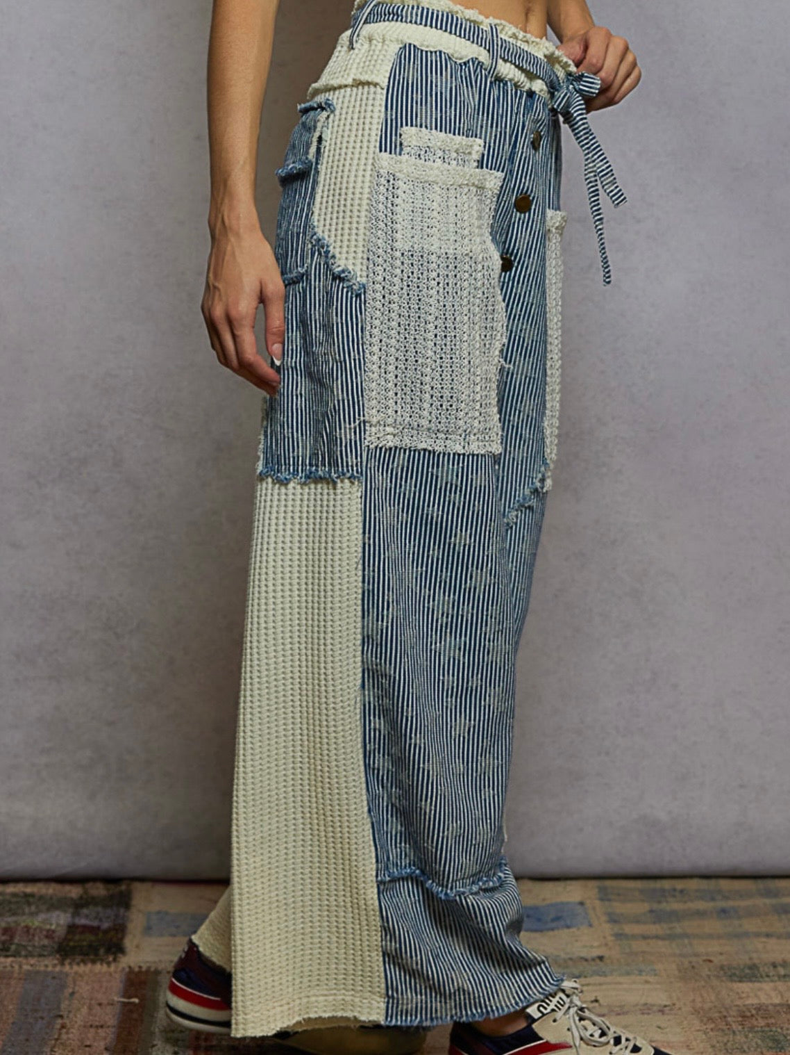 Blue and white mix fabrics patchwork pants