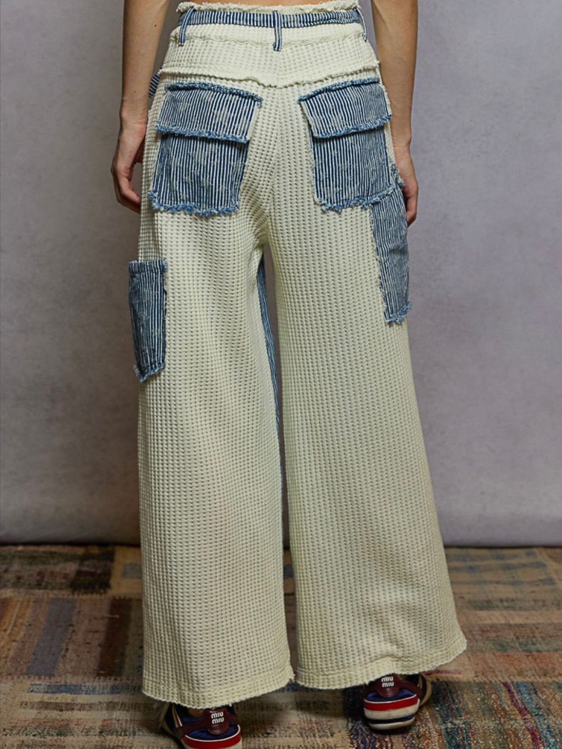 Blue and white mix fabrics patchwork pants