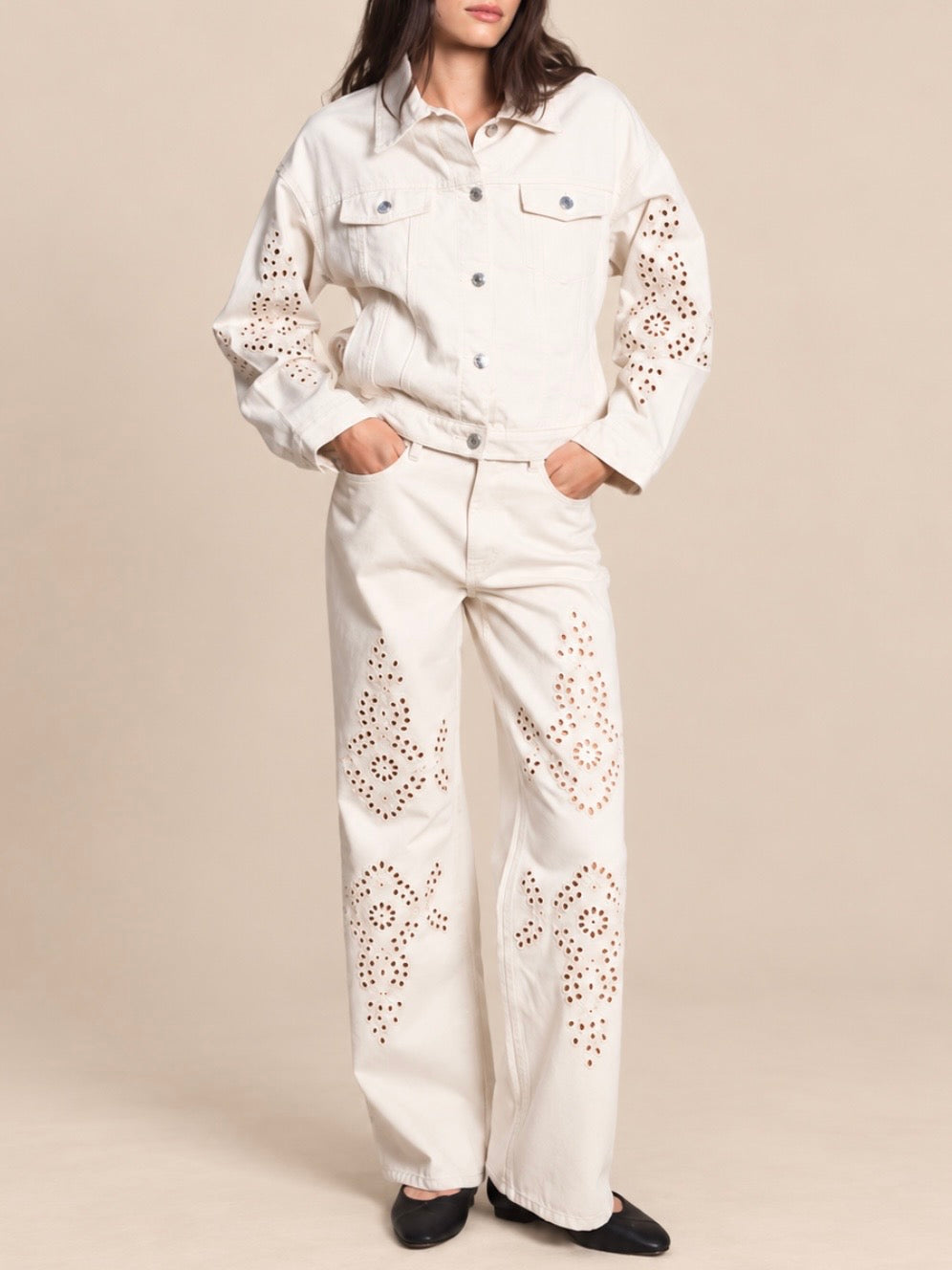 Beige denim eyelet embroidery set of 2 jacket and pants