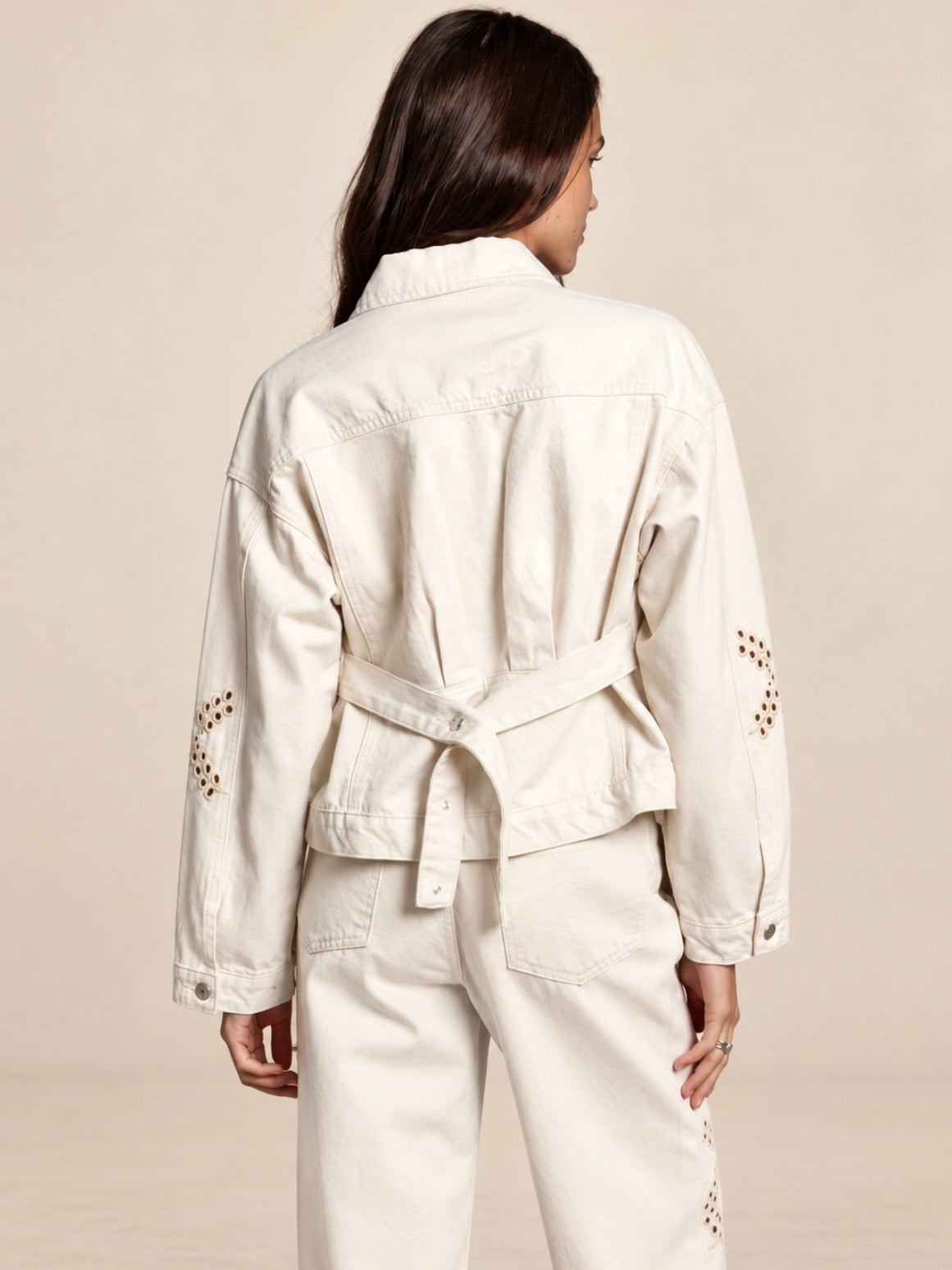 Beige denim eyelet embroidery set of 2 jacket and pants