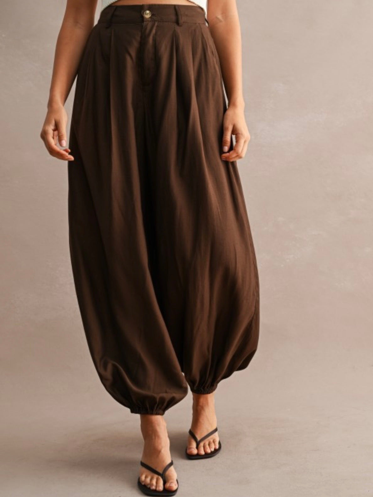 Brown High-wasted balloon leg front pleats wrap style pants
